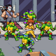 A group of pixelated Teenage Mutant Ninja Turtles and their allies are standing ready for battle.